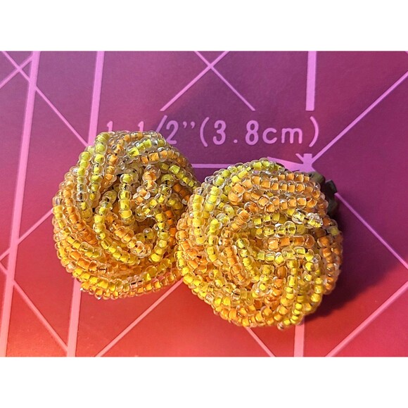 Vintage Glass Seed Beads Two Toned Golden Handmade Love Knot Clip-On Earrings - Picture 10 of 10